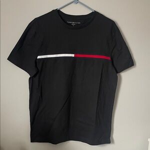 Tommy Hilfiger Black Short Sleeve Tee with White and Red Chest Bands